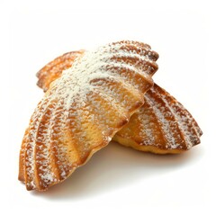 Two delicious shell shaped cookies sprinkled with powdered sugar lying on a white background