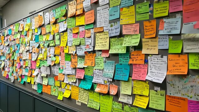 Vibrant sticky note wall filled with colorful ideas in office brainstorming session