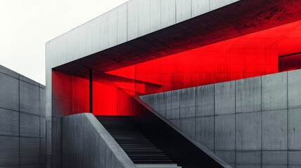 Minimalist functionalism building featuring bold red accents and brutalist aesthetics
