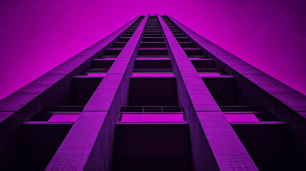 Bold geometric skyscraper showcasing minimalist functionalism with deep purple highlights