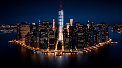 Manhattan Island Night Lights: A breathtaking aerial view of Lower Manhattan at night, showcasing the iconic skyscrapers illuminated against the dark sky.