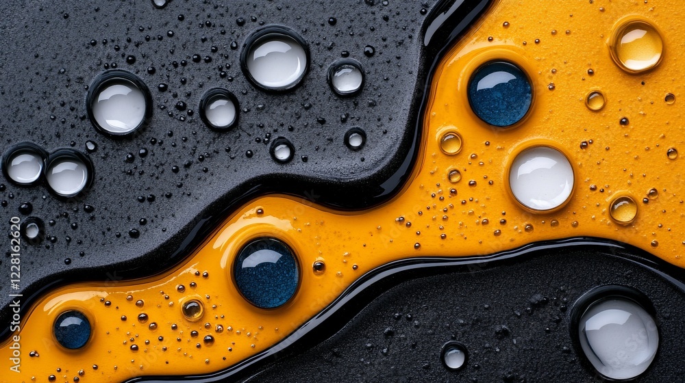 Poster Abstract Water Drops on Black and Yellow: A mesmerizing abstract image showcasing a captivating interplay of water droplets, forming unique patterns on a contrasting black and yellow liquid surface.