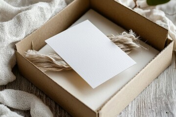 Gift box contains an empty small white card, mockup for business or shop card, thank you card