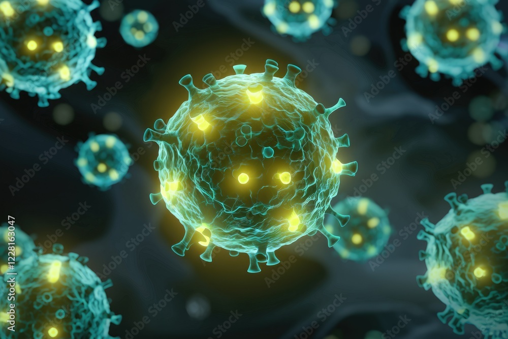 Poster microscopic view of multiple coronaviruses, highlighting their spiky structure and vibrant color.