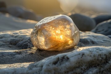 Translucent quartz crystal glowing on the beach with sunlight shining through at sunset