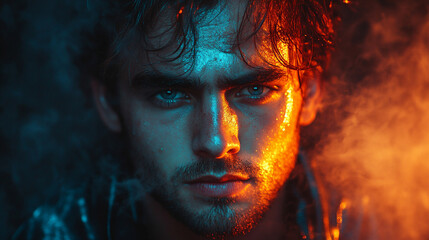 Fototapeta premium Young Man Wearing Leather With Dramatic Lighting and Vibrant Colors in a Creative Portrait Setting