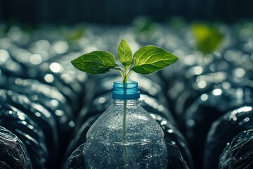 Sustainable Growth Young Plant Sprouting from Recycled Plastic Bottle Environmental Conservation Eco Friendly Nature Photography Green Leaves Botany Closeup Detail new life hope stem leaf seed reuse  