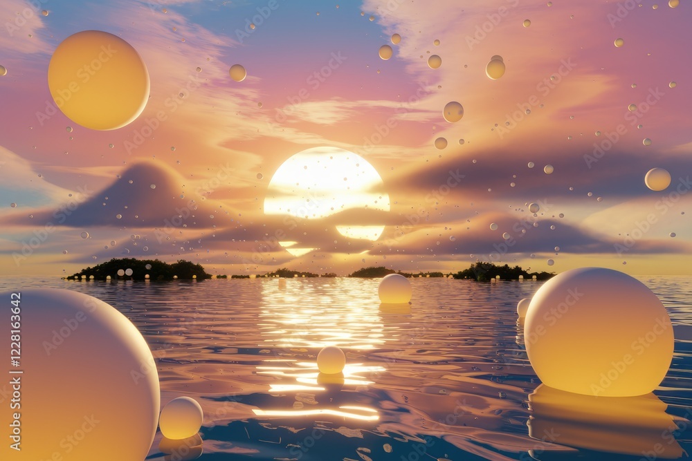 Poster serene sunset over calm ocean, illuminated by a large sun and floating orbs.