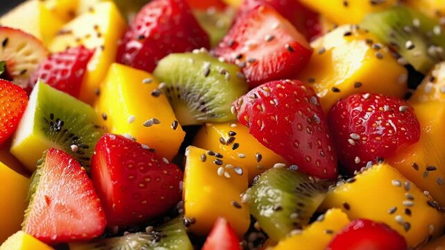 Diced pieces of mango, kiwi, and strawberry fruit topped with chia seeds creating a colorful and healthy snack or dessert