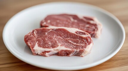 Two raw steaks on a white plate.