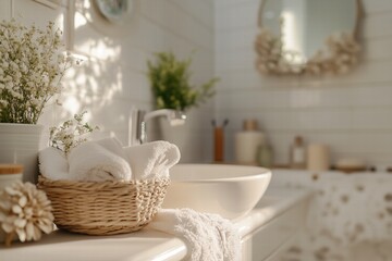 A serene Coastal interior design style bathroom scene featuring a white basin, neatly rolled towels in a wicker basket, and decorative plants. Soft natural light enhances the calming atmosphere.
