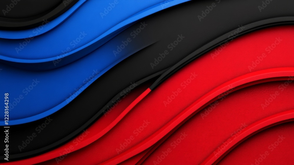 Poster abstract red blue black waves: dynamic interplay of curved red, blue and black surfaces creating an 