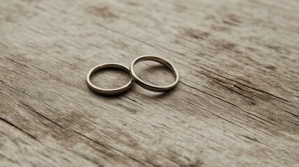 Two wedding rings rest on rustic wooden surface.
