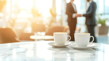 Fototapeta premium Two cappuccino cups on marble table with blurred business meeting in elegant setting