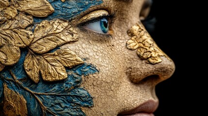 Golden Leaf Beauty: Close-up profile of a woman adorned with intricate gold and teal leaf makeup, evoking a sense of natural elegance and ethereal beauty against a dark background. 