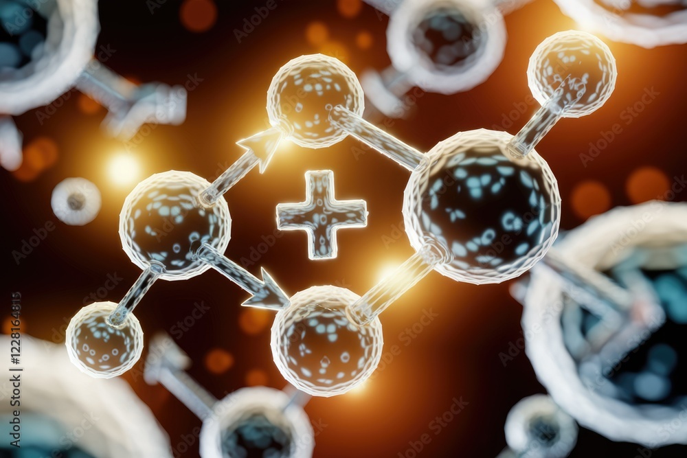 Poster microscopic view of molecules bonding, showing a plus sign indicating a reaction or connection.