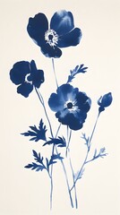 Blue ink flowers, minimalist in style
