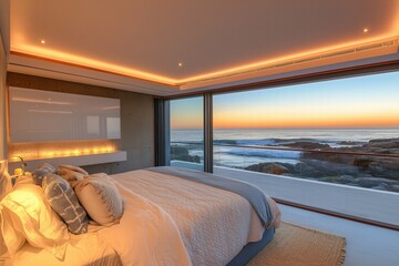 A modern Coastal interior design style bedroom with a large window showcasing a stunning ocean view at sunset. The room features soft lighting, a cozy bed with decorative pillows.