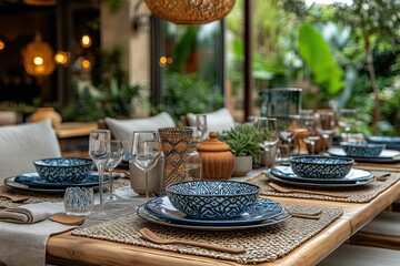 Elegant outdoor dining setup with blue patterned tableware, glassware, and woven placemats on a wooden table surrounded by lush greenery.

