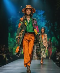 Fototapeta premium Colorful floral fashions showcased on vibrant runway