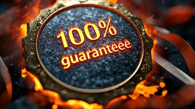Fiery 100% guarantee badge shimmering with sparks and dynamic glow