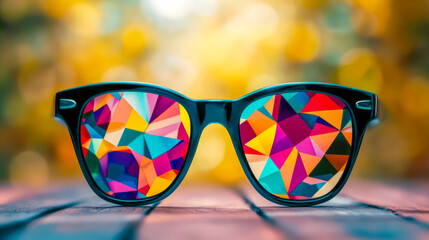 Sunglasses with kaleidoscope lenses creating colorful vision on wooden surface
