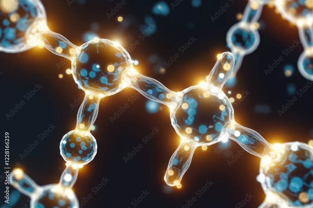 Poster Microscopic 3D rendering of interconnected molecules, glowing with vibrant energy, representing the complex structure of matter.