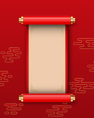3D Chinese scroll, banner kit, red vector festive royal asian game UI traditional design element. Luxury celebration China background, spring floral print, silk banner. vector illustration