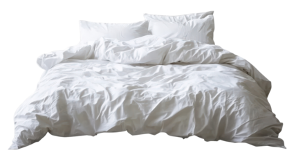 Isolated Rumpled White Bedding Set with Pillows