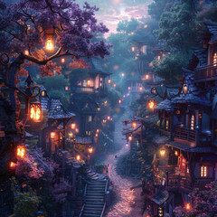 Enchanting lantern festival serene village digital art twilight wide angle mystical atmosphere