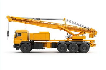 Fototapeta premium Crane Truck realistic isolated on white background. Heavy Machinery. Construction Vehicle. Mobile Crane. Truck with Crane Arm. Crane Truck Design Element. Realistic Crane Truck isolated for Designers.