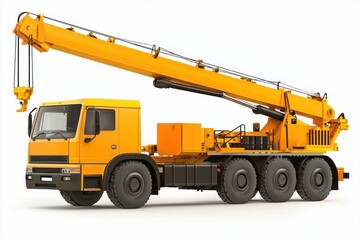 Naklejka premium Crane Truck realistic isolated on white background. Heavy Machinery. Construction Vehicle. Mobile Crane. Truck with Crane Arm. Crane Truck Design Element. Realistic Crane Truck isolated for Designers.