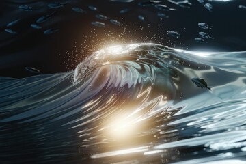 A luminous wave crests, reflecting light as fish swim beneath its surface.