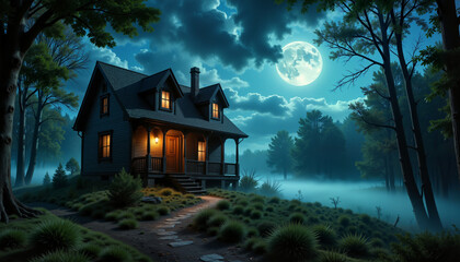 Witch's cottage illuminated in moonlight, eerie mysticism
