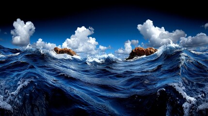 Ocean's Fury: A dramatic seascape unfolds with towering waves crashing against rugged rocks, framed by a sky filled with billowing clouds.