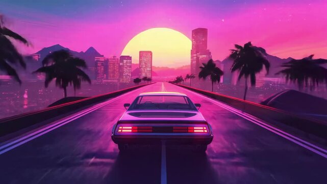 Neon car, retro 80s vaporwave. Vintage synthwave lights, night drive. Aesthetic glow cyberpunk glow. Futurism retrowave scene