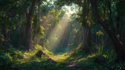 Sunlit Path Through A Lush Green Forest
