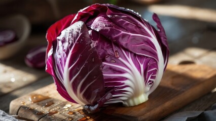 Obraz premium Fresh red cabbage resting on a wooden cutting board in natural light
