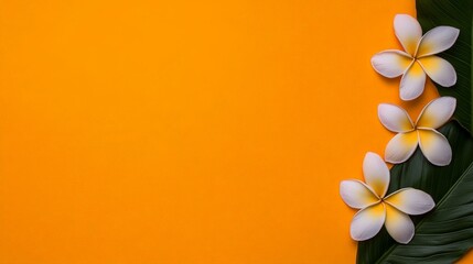 Naklejka premium Tropical Floral Arrangement: Three delicate white plumeria flowers with yellow centers artfully arranged on a vibrant orange background, accented by lush green tropical leaves.