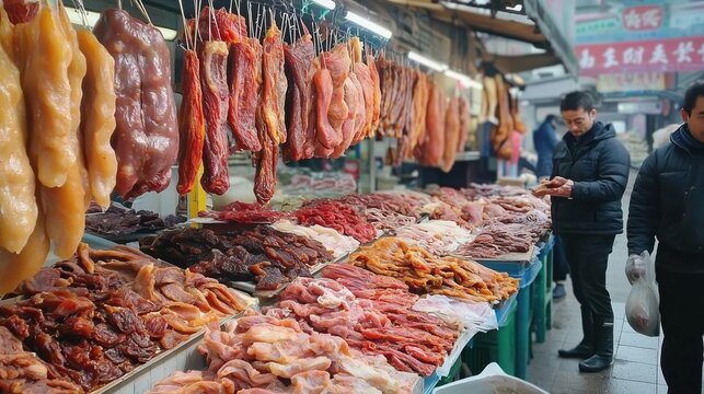 Cured rare animal meat market in a Chinese city