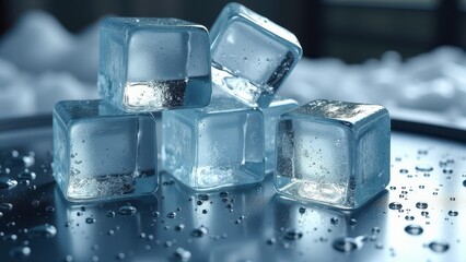 Fresh ice cubes melting on a reflective wet surface with scattered water droplets	