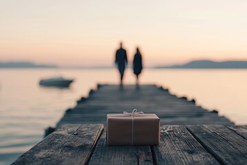 cinematic shot of small wrapped gift sitting alone on weathered wooden pier with blurred couple in background walking