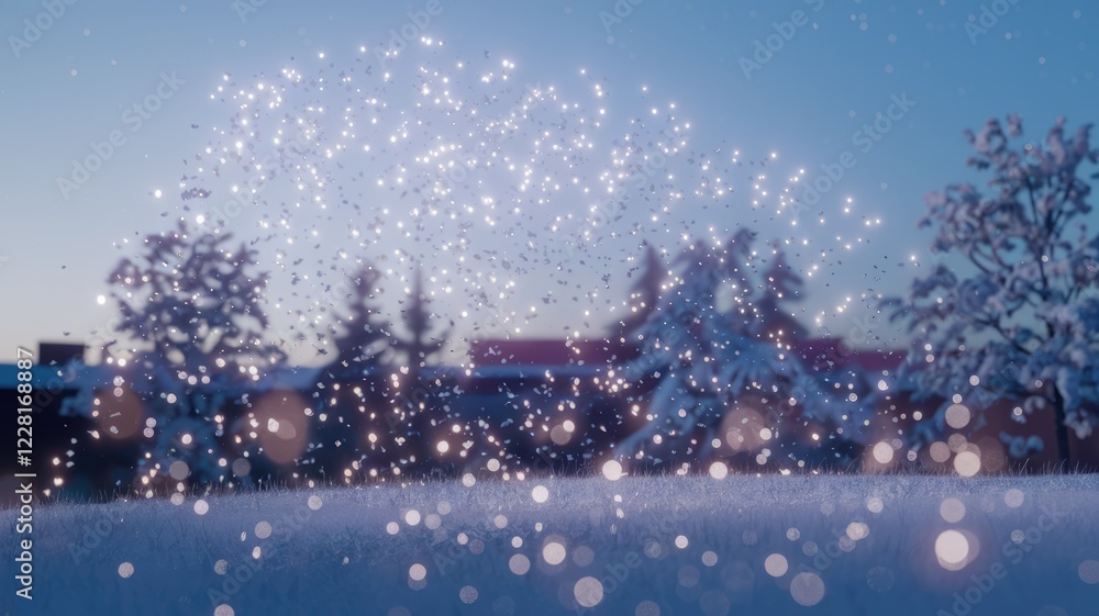 Poster snowy winter landscape with sparkling bokeh effect, tranquil and serene scene.