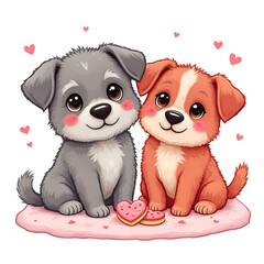 Adorable cartoon puppies in love – cute dog couple with hearts and cookies
