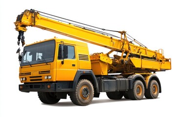 Fototapeta premium Crane Truck realistic isolated on white background. Heavy Machinery. Construction Vehicle. Mobile Crane. Truck with Crane Arm. Crane Truck Design Element. Realistic Crane Truck isolated for Designers.