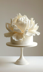A white cake with large sugar lotus petals on top, placed on an elegant stand against a clean background