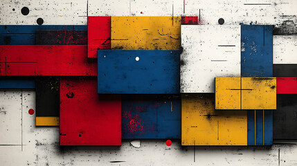 Colorful Abstract Composition With Overlapping Shapes and Vivid Contrasts Featuring Red, Blue, Yellow, and White Elements