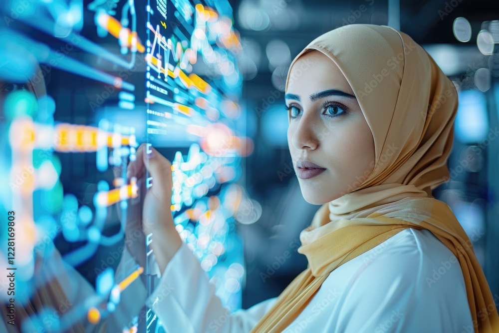 Poster middle eastern software engineer analyzing neural network data on screen.