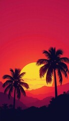 Obraz premium Fiery orange and pink sky, silhouetted palm trees, evening, travel