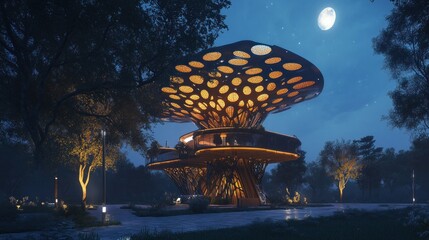 Night Vision: Illuminated Mushroom House in a Serene Forest